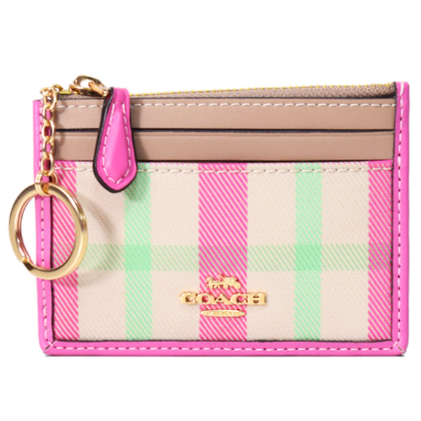 画像1: 【COACH】コーチ カードケース キャンバス レザー プレイド チェック キーリング付き ミニ スキニー IDケース コインケース ピンクマルチカラー（日本未発売） (1)
