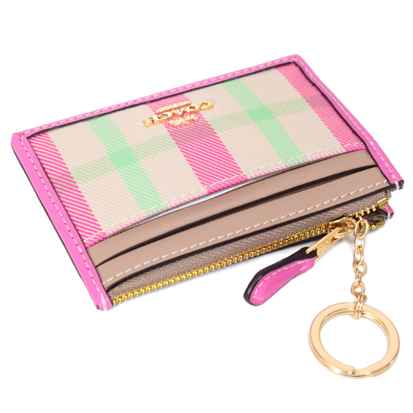 画像: 【COACH】コーチ カードケース キャンバス レザー プレイド チェック キーリング付き ミニ スキニー IDケース コインケース ピンクマルチカラー（日本未発売）