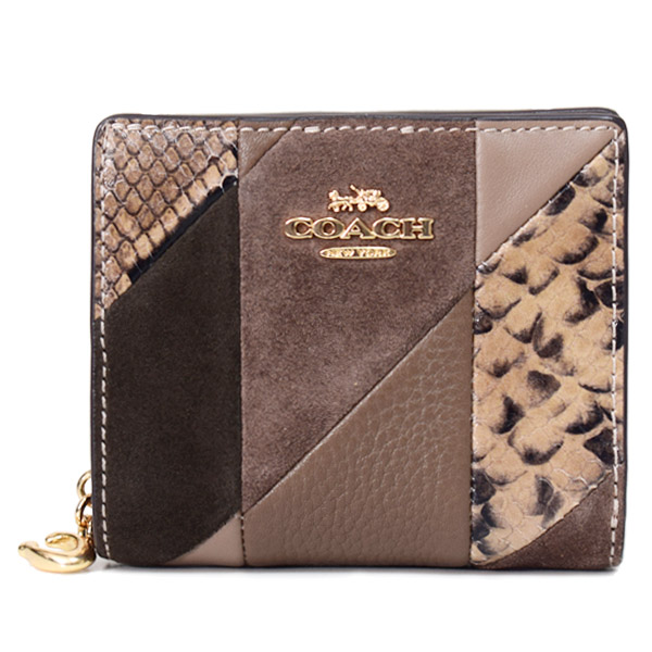 画像1: 【COACH】コーチ 財布 レザー スエード パイソン スネーク パッチワーク ロゴ チャーム スナップ ウォレット 二つ折り 財布 マッシュルームマルチ（日本未発売） (1)