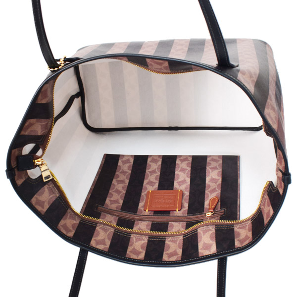画像: 【COACH】コーチ バッグ コーティングキャンバス レザー シグネチャー ストライプ ロゴ シティ トートバッグ ウォルナット×タン〔日本未発売〕