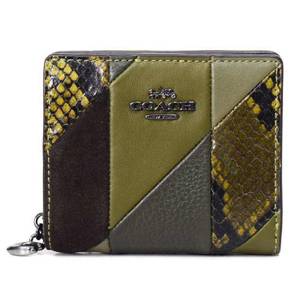 画像1: 【COACH】コーチ 財布 レザー スエード パイソン スネーク パッチワーク ロゴ チャーム スナップ ウォレット 二つ折り 財布 オリーブマルチ（日本未発売） (1)