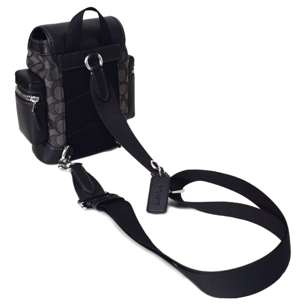 画像: 【COACH】コーチ バックパック ジャガード レザー シグネチャー スリング スプリント ロゴ フラップ ワンショルダー リュックサック ボディバッグ チャコール×ブラック〔日本未発売〕