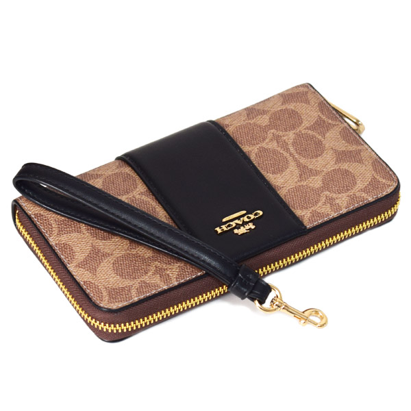 画像: 【COACH】コーチ 長財布 コーティングキャンバス レザー シグネチャー ロゴ ストライプ リストレット ロング ジップ  アラウンド 長財布 タン×ブラック（日本未発売）