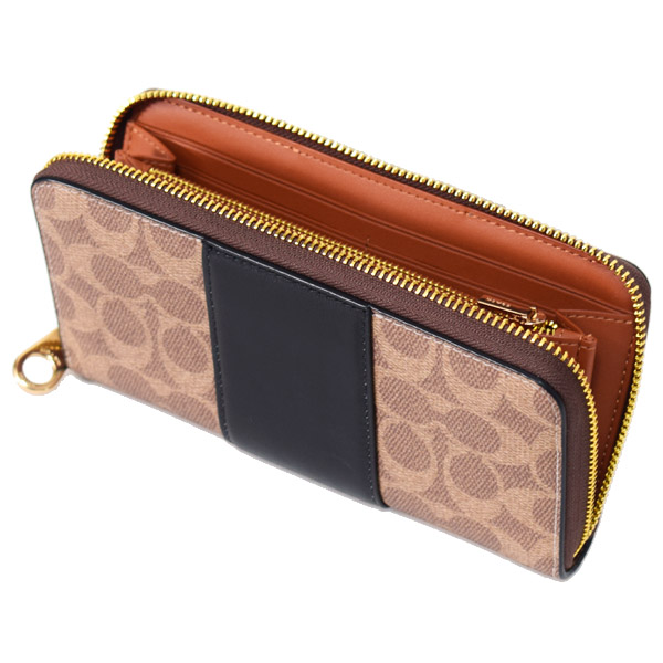 画像: 【COACH】コーチ 長財布 コーティングキャンバス レザー シグネチャー ロゴ ストライプ リストレット ロング ジップ  アラウンド 長財布 タン×ブラック（日本未発売）