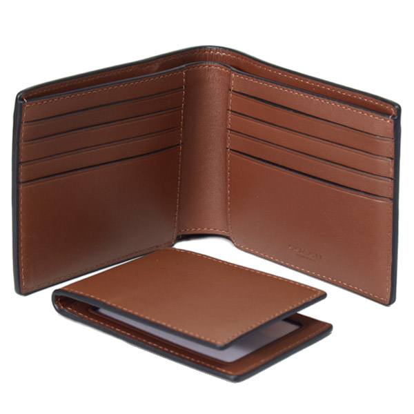 画像: 【COACH】コーチ 財布 メンズ レザー ウィップステッチ ロゴ スリーインワン ウォレット コンパクト ID カードケース付き 2点セット 二つ折り財布 サドル（日本未発売）