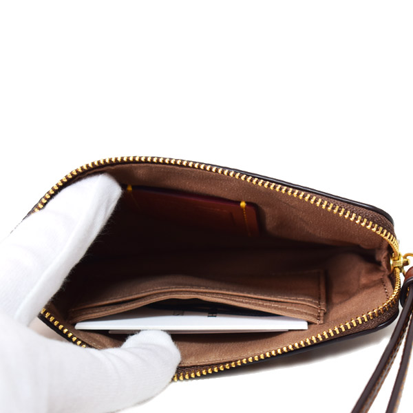 画像: 【COACH】コーチ スヌーピー ポーチ レザー シグネチャー ピーナッツ コラボ ウッドストック プリント コーナー ジップ リストレット ポーチ タン×ブラウンマルチ〔日本未発売〕