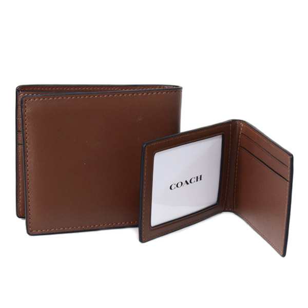 画像: 【COACH】コーチ 財布 メンズ レザー ウィップステッチ ロゴ スリーインワン ウォレット コンパクト ID カードケース付き 2点セット 二つ折り財布 サドル（日本未発売）