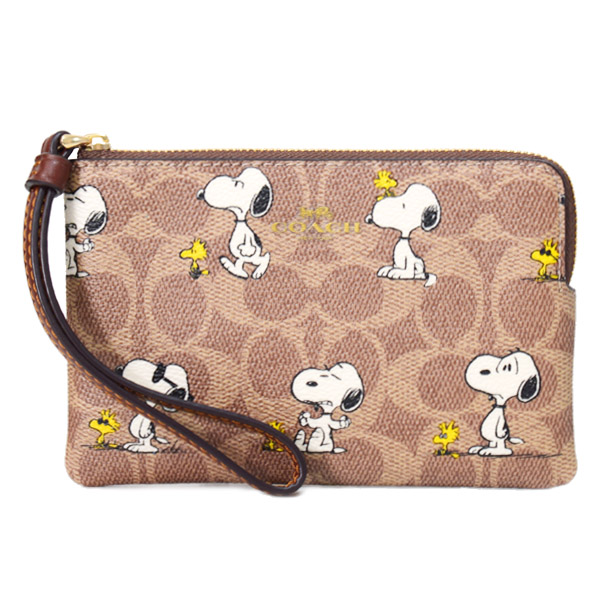 画像1: 【COACH】コーチ スヌーピー ポーチ レザー シグネチャー ピーナッツ コラボ ウッドストック プリント コーナー ジップ リストレット ポーチ タン×ブラウンマルチ〔日本未発売〕 (1)