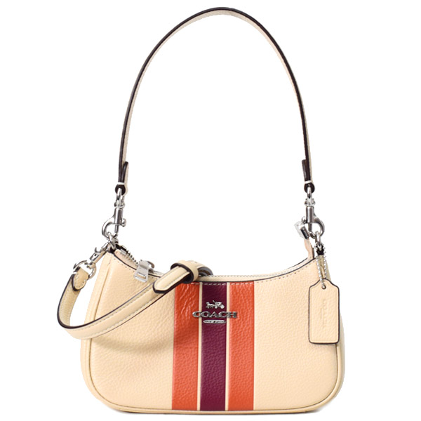 画像1: 【COACH】コーチ バッグ ぺブルレザー テリ ストライプ ミニ ロゴ 2way クロスボディ 斜め掛け ショルダー ハンド バッグ アイボリーマルチ（日本未発売） (1)