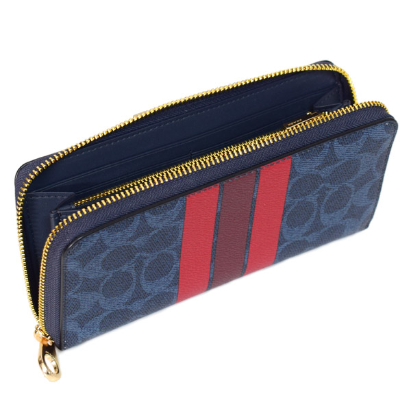 画像: 【COACH】コーチ 長財布 コーティングキャンバス レザー シグネチャー ロゴ ストライプ リストレット ロング ジップ  アラウンド 長財布 デニム×ボールドレッド（日本未発売）