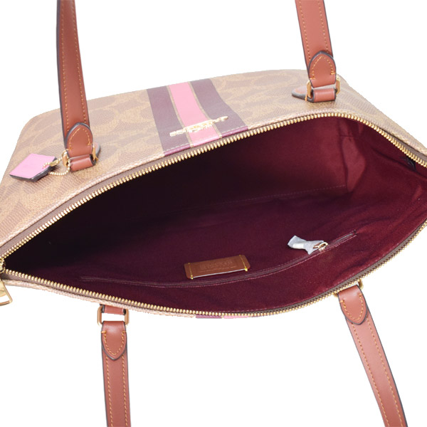 画像: 【COACH】コーチ バッグ コーティングキャンパス レザー シグネチャー ギャラリー ストライプ ジップトートバッグ タンマルチ〔日本未発売〕