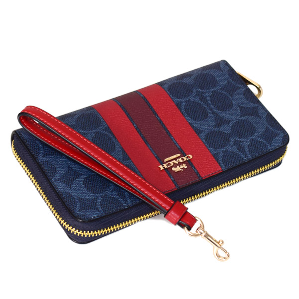 画像: 【COACH】コーチ 長財布 コーティングキャンバス レザー シグネチャー ロゴ ストライプ リストレット ロング ジップ  アラウンド 長財布 デニム×ボールドレッド（日本未発売）
