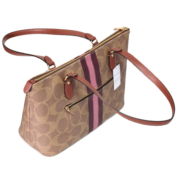 画像: 【COACH】コーチ バッグ コーティングキャンパス レザー シグネチャー ギャラリー ストライプ ジップトートバッグ タンマルチ〔日本未発売〕