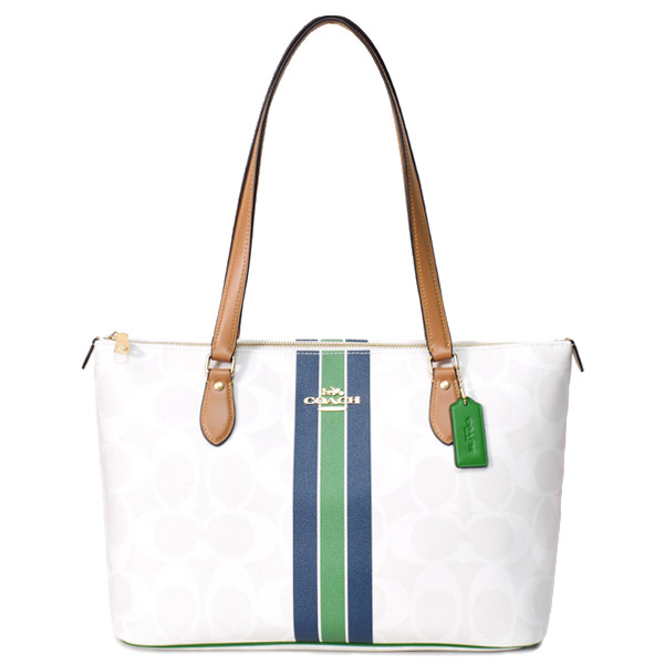 画像1: 【COACH】コーチ バッグ コーティングキャンパス レザー シグネチャー ギャラリー ストライプ ジップトートバッグ チャークマルチ〔日本未発売〕 (1)