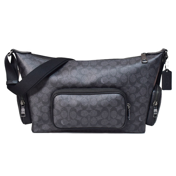 画像1: 【COACH】コーチ メンズ バッグ コーティングキャンバス レザー シグネチャー ロゴ フィン クロスボディ 斜め掛け ショルダーバッグ チャコール×ブラック〔日本未発売〕 (1)