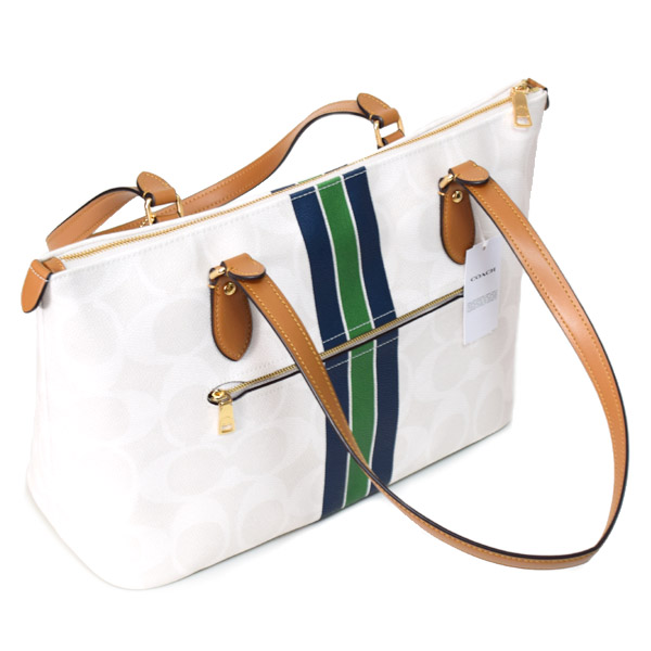 画像: 【COACH】コーチ バッグ コーティングキャンパス レザー シグネチャー ギャラリー ストライプ ジップトートバッグ チャークマルチ〔日本未発売〕