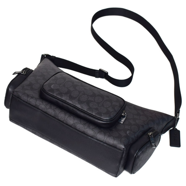 画像: 【COACH】コーチ メンズ バッグ コーティングキャンバス レザー シグネチャー ロゴ フィン クロスボディ 斜め掛け ショルダーバッグ チャコール×ブラック〔日本未発売〕