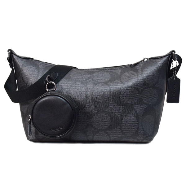 画像1: 【COACH】コーチ メンズ バッグ コーティングキャンバス レザー シグネチャー スモール フィン コインケース ポーチ付き クロスボディ 斜め掛け ショルダーバッグ チャコール×ブラック（日本未発売） (1)