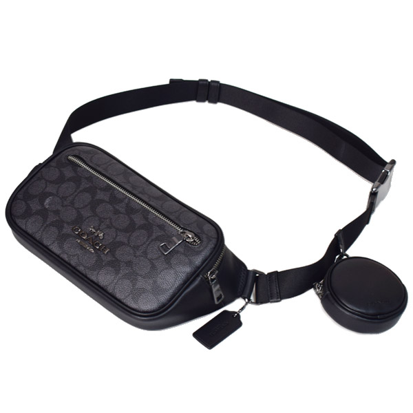 画像: 【COACH】コーチ ボディバッグ コーティングキャンバス レザー シグネチャー エリアス コインケース付き ベルトバッグ 2way ワンショルダー バックパック バッグ ウエスト チャコール×ブラック（日本未発売）