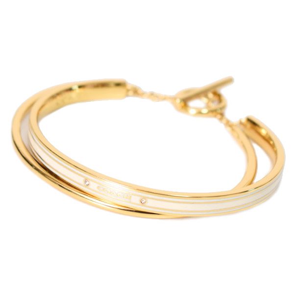 画像1: 【COACH】コーチ ブレスレット バングル プレーテッドブラス ストーン ダブル ロゴ 2点セット ゴールド×チャーク〔日本未発売〕 (1)