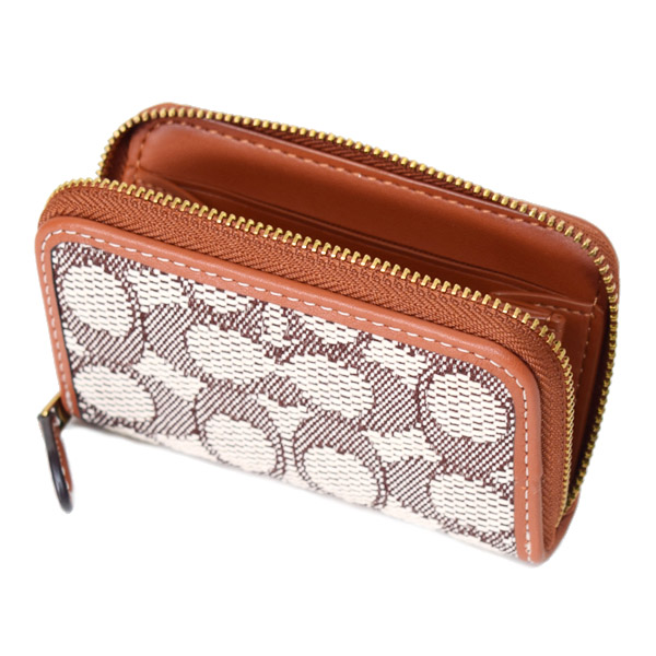 画像: 【COACH】コーチ カードケース ジャガード レザー シグネチャー エッセンシャル スモール ジップ アラウンド スクエア スリム コインケース ブラウンマルチ（日本未発売）