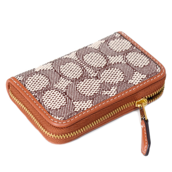 画像: 【COACH】コーチ カードケース ジャガード レザー シグネチャー エッセンシャル スモール ジップ アラウンド スクエア スリム コインケース ブラウンマルチ（日本未発売）