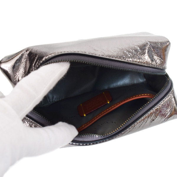 画像: 【COACH】コーチ コスメポーチ レザー メタリック エッセンシャル ロゴ スクエア コスメティック ケース 化粧ポーチ アンスラサイト（日本未発売）