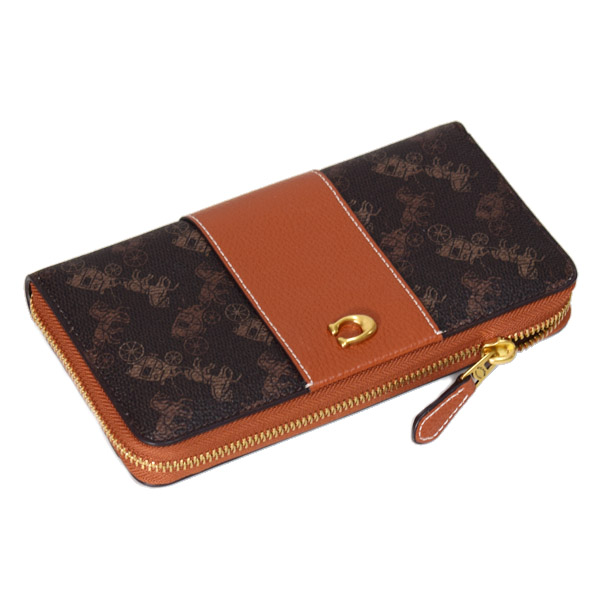 画像: 【COACH】コーチ 長財布 コーティングキャンバス レザー ホース アンド キャリッジ ロゴ アコーディオン ジップ ウォレット 長財布 ブラック×ブラウン（日本未発売）