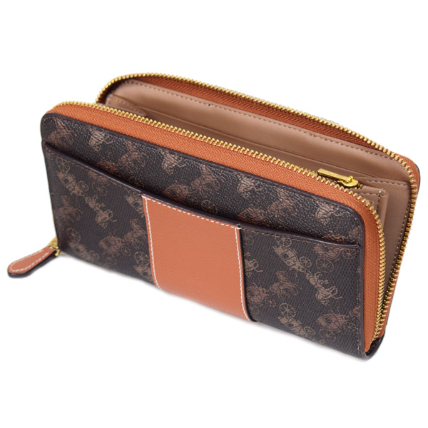 画像: 【COACH】コーチ 長財布 コーティングキャンバス レザー ホース アンド キャリッジ ロゴ アコーディオン ジップ ウォレット 長財布 ブラック×ブラウン（日本未発売）