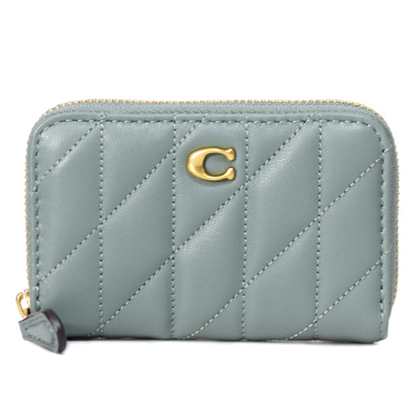画像1: 【COACH】コーチ カードケース レザー キルティング ピロー ロゴ スモール ジップ アラウンド スクエア スリム コインケース セージ（日本未発売） (1)