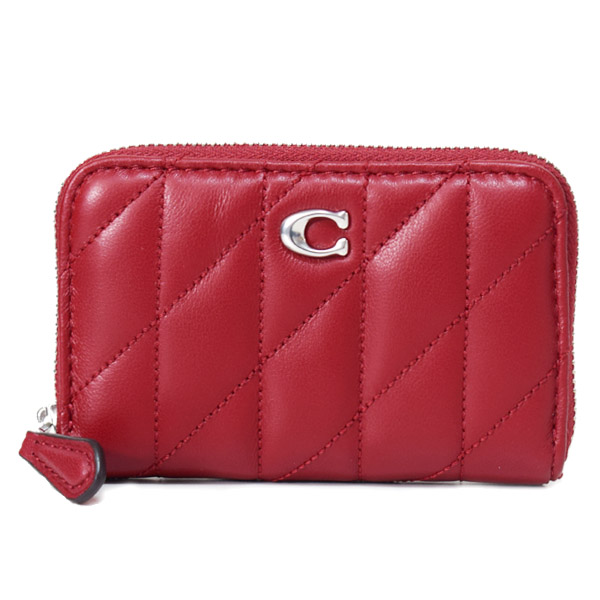 画像1: 【COACH】コーチ カードケース レザー キルティング ピロー ロゴ スモール ジップ アラウンド スクエア スリム コインケース ダークルビー（日本未発売） (1)