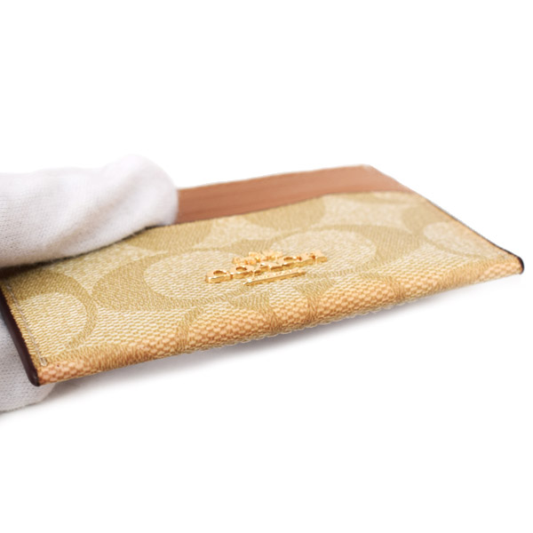 画像: 【COACH】コーチ カードケース コーティングキャンバス レザー シグネチャー ロゴ スリム ID パスケース  定期入れ 名刺入れ ライトカーキ×ライトサドル【訳あり】（日本未発売）