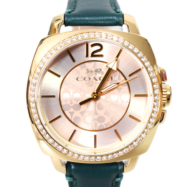 画像: 【COACH】コーチ 時計 ラインストーン レザー シグネチャー ボーイフレンド ステンレススチール レディース ウォッチ 腕時計 ゴールド×グリーン〔日本未発売〕
