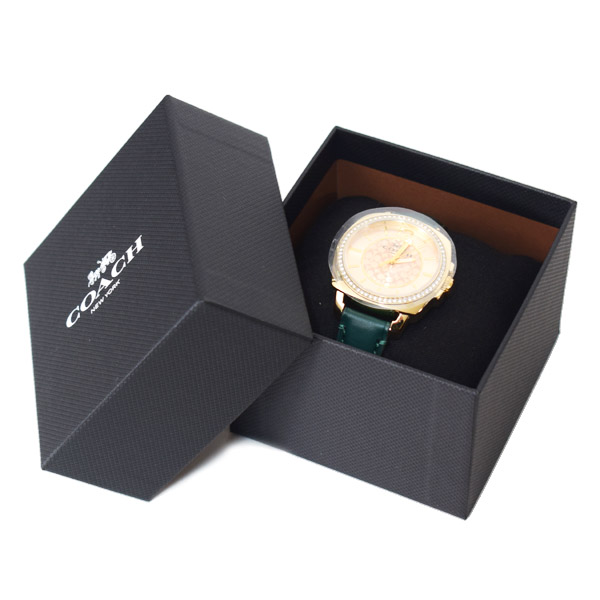 画像: 【COACH】コーチ 時計 ラインストーン レザー シグネチャー ボーイフレンド ステンレススチール レディース ウォッチ 腕時計 ゴールド×グリーン〔日本未発売〕
