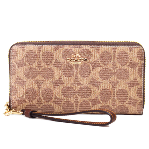 画像1: 【COACH】コーチ 長財布 コーティングキャンバス レザー シグネチャー リストレット ロング ジップ アラウンド 長財布 タン×ブラウン（日本未発売） (1)