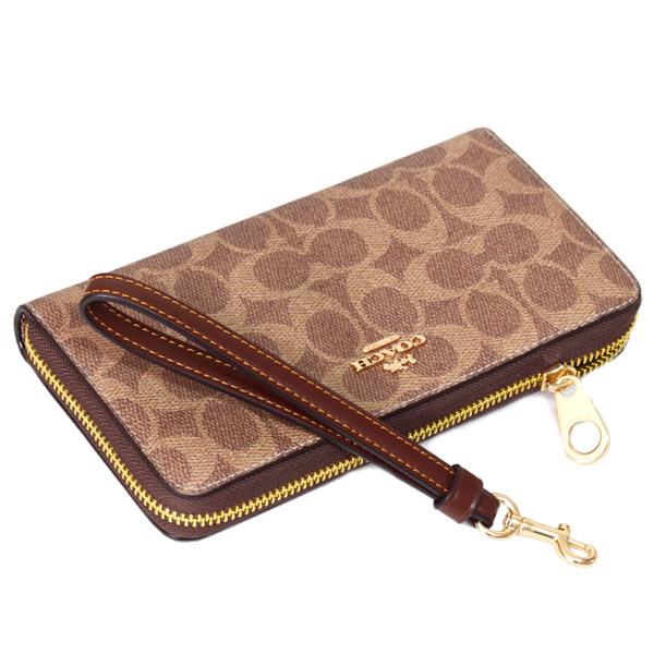 画像: 【COACH】コーチ 長財布 コーティングキャンバス レザー シグネチャー リストレット ロング ジップ アラウンド 長財布 タン×ブラウン（日本未発売）