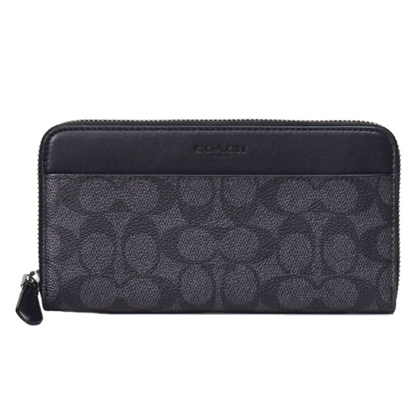 画像1: 【COACH】コーチ メンズ 長財布 コーティングキャンバス レザー シグネチャー アコーディオン ウォレット ジップ アラウンド 財布 チャコール×ブラック（日本未発売） (1)