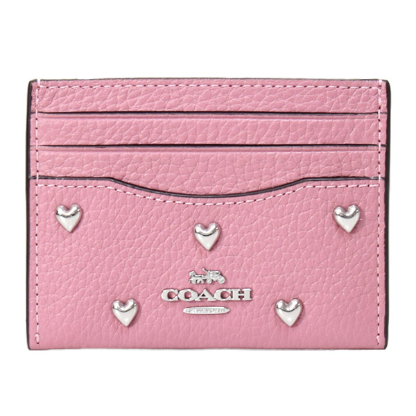 画像1: 【COACH】コーチ カードケース レザー スタッズ ハート リベット ロゴ スリム ID パスケース カードケース  定期入れ 名刺入れ ピオニー（日本未発売） (1)