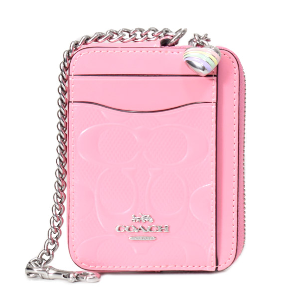 画像1: 【COACH】コーチ コインケース パテントレザー シグネチャー 型押し ハート チャーム チェーン ジップ カードケース カードポーチ 定期入れ 名刺入れ 小銭入れ ピンク（日本未発売） (1)