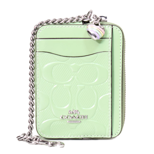 画像1: 【COACH】コーチ コインケース パテントレザー シグネチャー 型押し ハート チャーム チェーン ジップ カードケース カードポーチ 定期入れ 名刺入れ 小銭入れ ペールグリーン（日本未発売） (1)