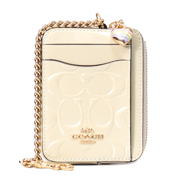 画像1: 【COACH】コーチ コインケース パテントレザー シグネチャー 型押し ハート チャーム チェーン ジップ カードケース カードポーチ 定期入れ 名刺入れ 小銭入れ チャーク（日本未発売） (1)