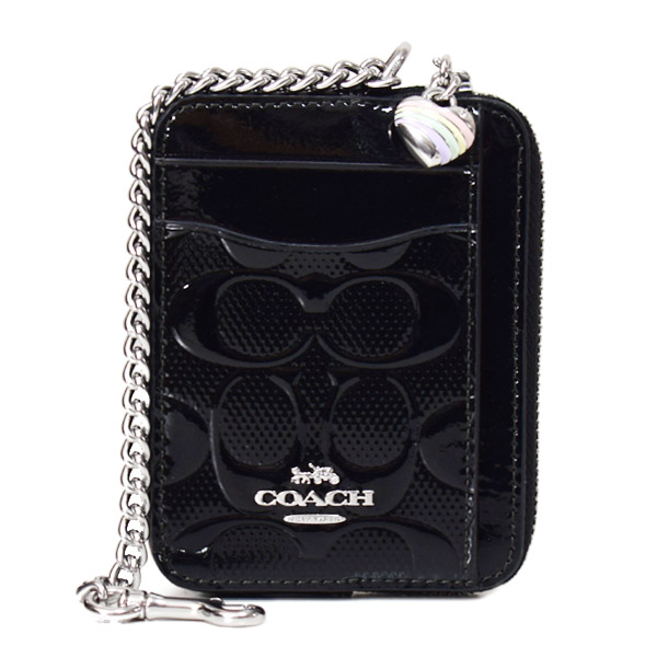 画像1: 【COACH】コーチ コインケース パテントレザー シグネチャー 型押し ハート チャーム チェーン ジップ カードケース カードポーチ 定期入れ 名刺入れ 小銭入れ ブラック（日本未発売） (1)