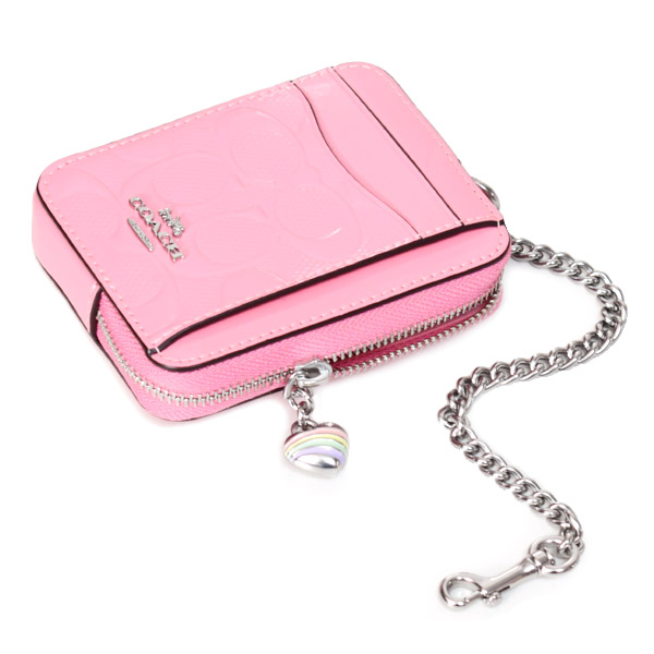 画像: 【COACH】コーチ コインケース パテントレザー シグネチャー 型押し ハート チャーム チェーン ジップ カードケース カードポーチ 定期入れ 名刺入れ 小銭入れ ピンク（日本未発売）