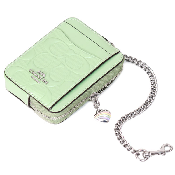 画像: 【COACH】コーチ コインケース パテントレザー シグネチャー 型押し ハート チャーム チェーン ジップ カードケース カードポーチ 定期入れ 名刺入れ 小銭入れ ペールグリーン（日本未発売）