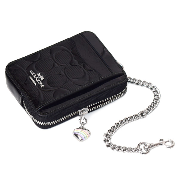 画像: 【COACH】コーチ コインケース パテントレザー シグネチャー 型押し ハート チャーム チェーン ジップ カードケース カードポーチ 定期入れ 名刺入れ 小銭入れ ブラック（日本未発売）