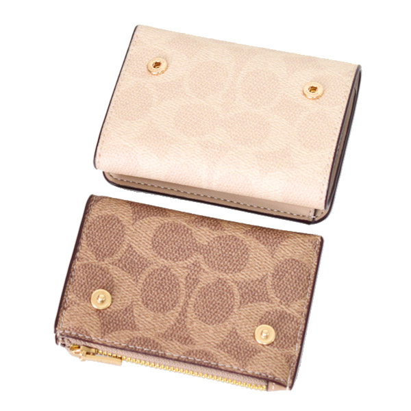 画像: 【COACH】コーチ 財布 カードケース付き コーティングキャンバス レザー シグネチャー ブロックド ウォレット コンパクト 三つ折り財布 サンド×タン（日本未発売）
