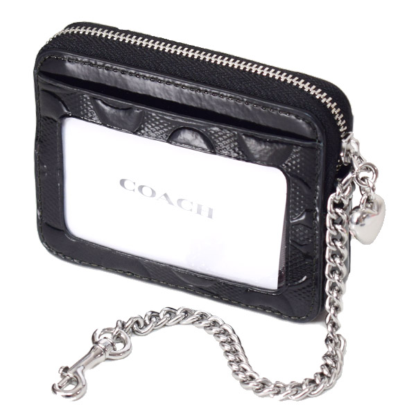 画像: 【COACH】コーチ コインケース パテントレザー シグネチャー 型押し ハート チャーム チェーン ジップ カードケース カードポーチ 定期入れ 名刺入れ 小銭入れ ブラック（日本未発売）
