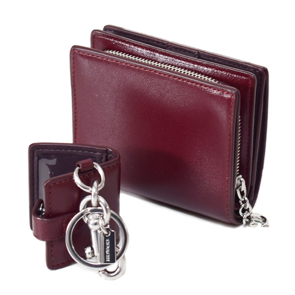 画像: 【COACH】コーチ 財布 キーホルダー 2点セット レザー スナップ ウォレット 二つ折り 財布 ピクチャー フレーム バッグチャーム 専用BOX付き ダークワイン（日本未発売）
