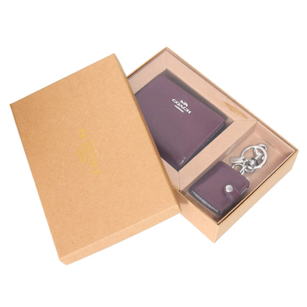 画像: 【COACH】コーチ 財布 キーホルダー 2点セット レザー スナップ ウォレット 二つ折り 財布 ピクチャー フレーム バッグチャーム 専用BOX付き ダークワイン（日本未発売）