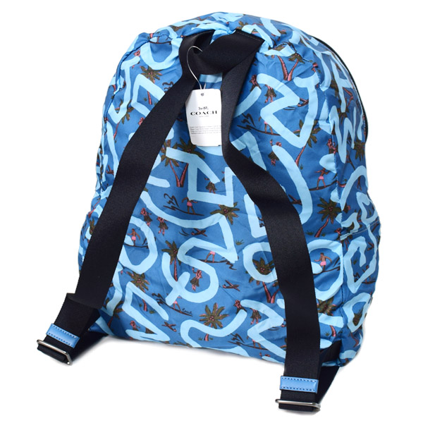 画像: 【COACH】コーチ バッグ エコバッグ バックパック 折り畳み キースヘリング コラボ フラダンス プリント リュックサック スカイブルーマルチ〔日本未発売〕
